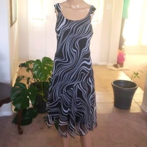Sangria 10 drop waist assemetrical ruffle hem zebra swirl chiffon overlay